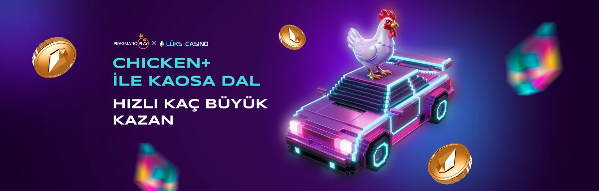Pragmatic Play Chicken+ afişi: neon araba üstünde tavuk