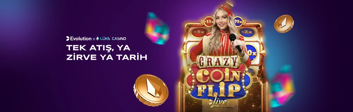 Evolution Tek Atış, Ya Zirve Ya Tarih afişi: Crazy Coin Flip makinesi ve sunucu